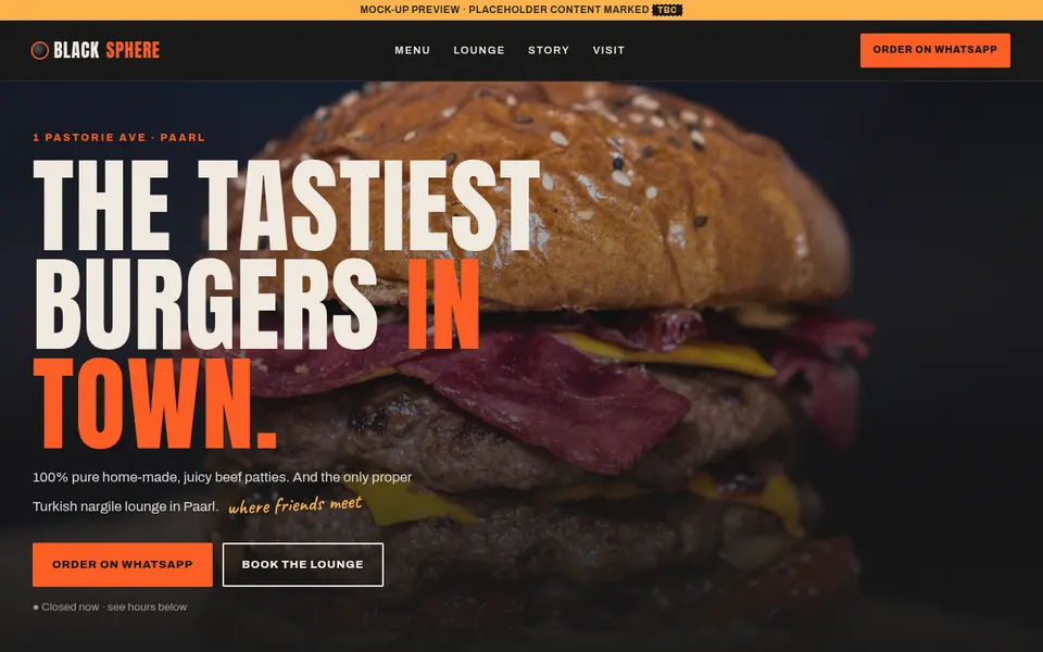 BlackSphere burger restaurant concept homepage