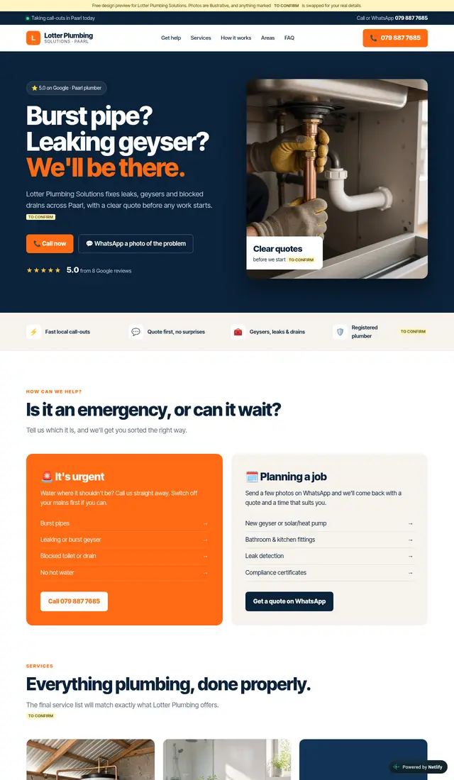 Homepage of the Lotter Plumbing Solutions concept site